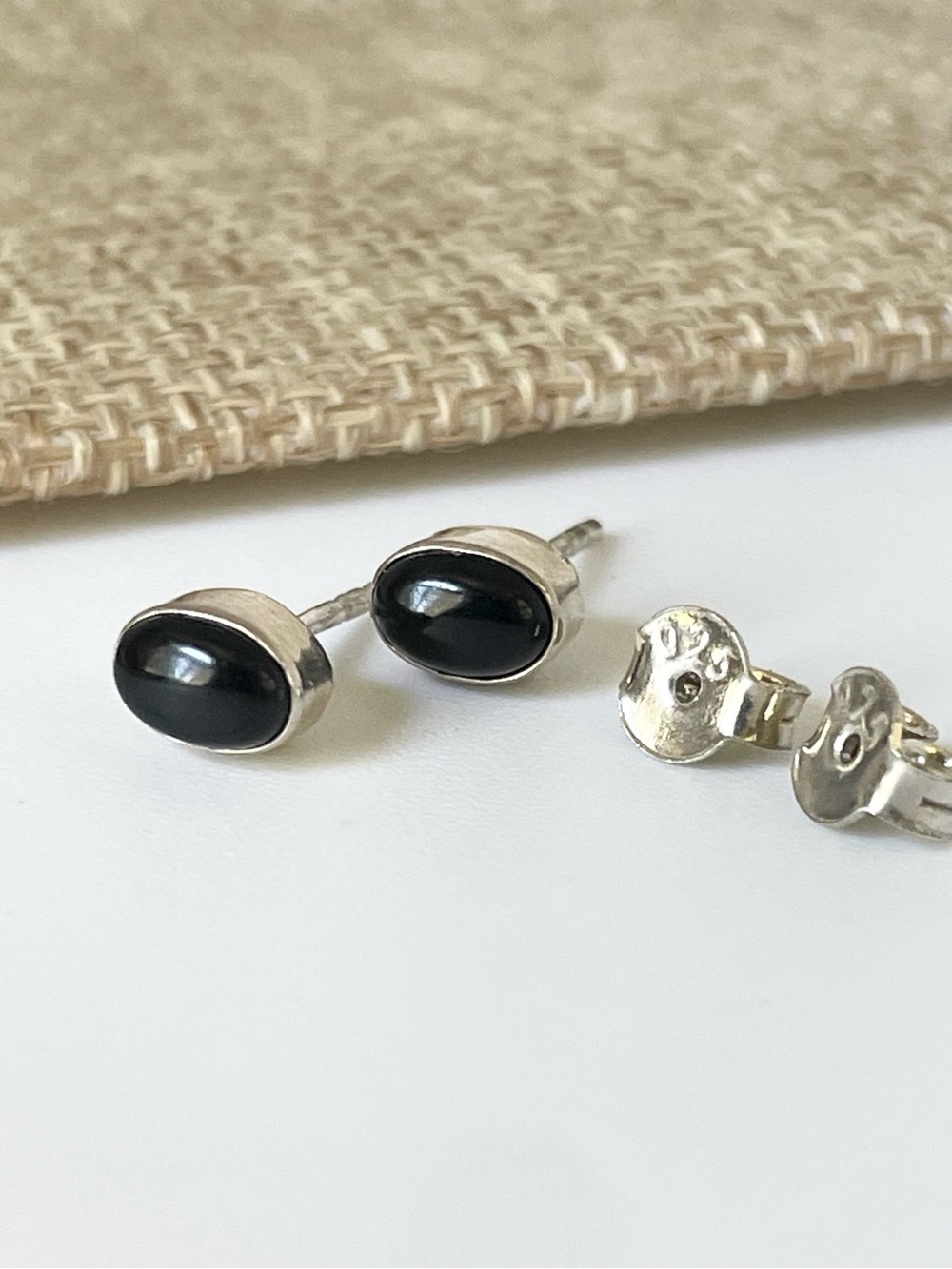 Natural Black Onyx stud earrings in 925 Sterling Silver ( 4*2mm)